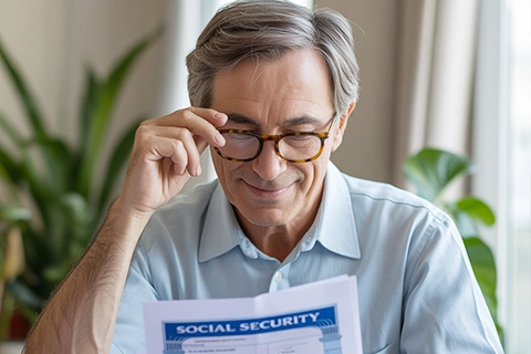Man with glasses reading a document