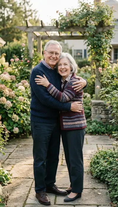 Senior couple holding each other and smiling at the camera